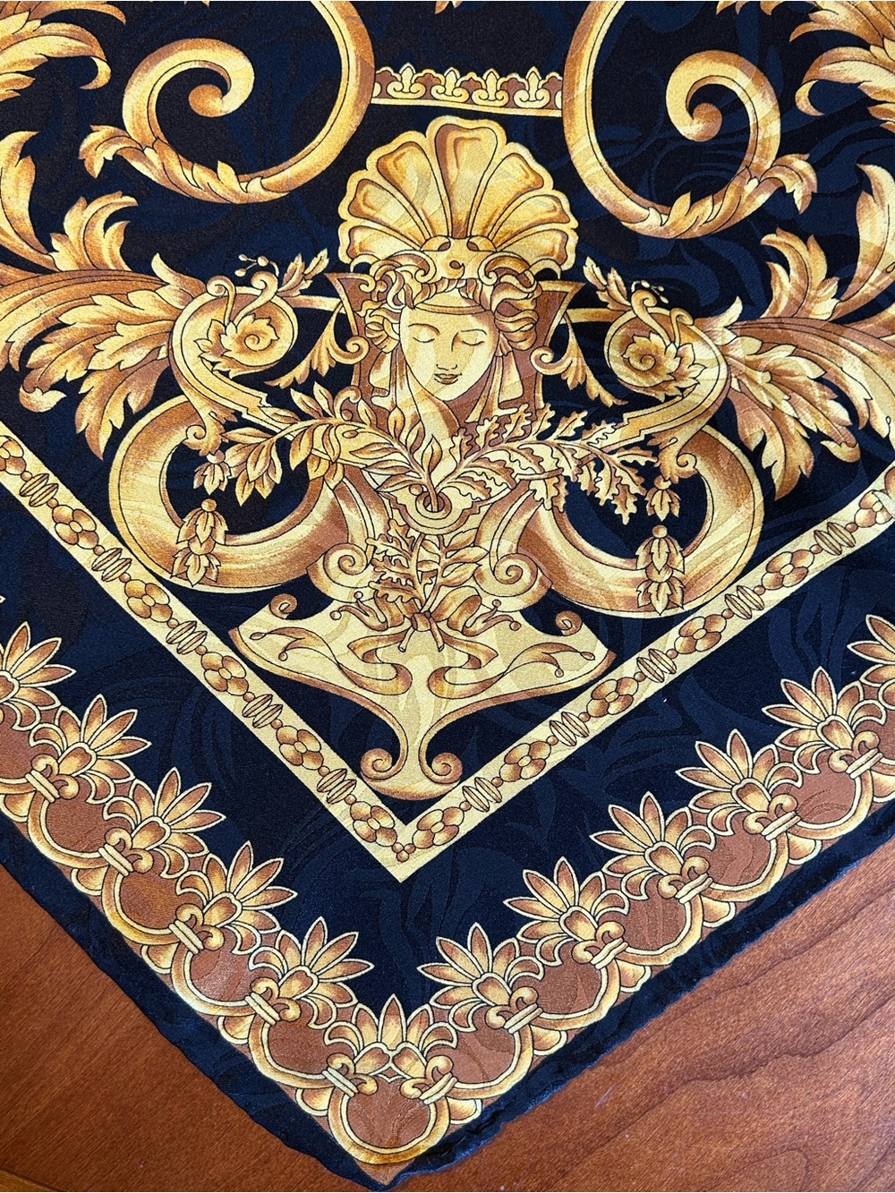 Vintage Italian Silk Scarf Black Gold Baroque Scroll Print Square 33x33 - Picture 2 of 9